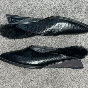 UNITED NUDE MIRROR LOW ROCKET HEEL FUR  POINTY TOE BLACK PEBBLE LEATHER MULE 36